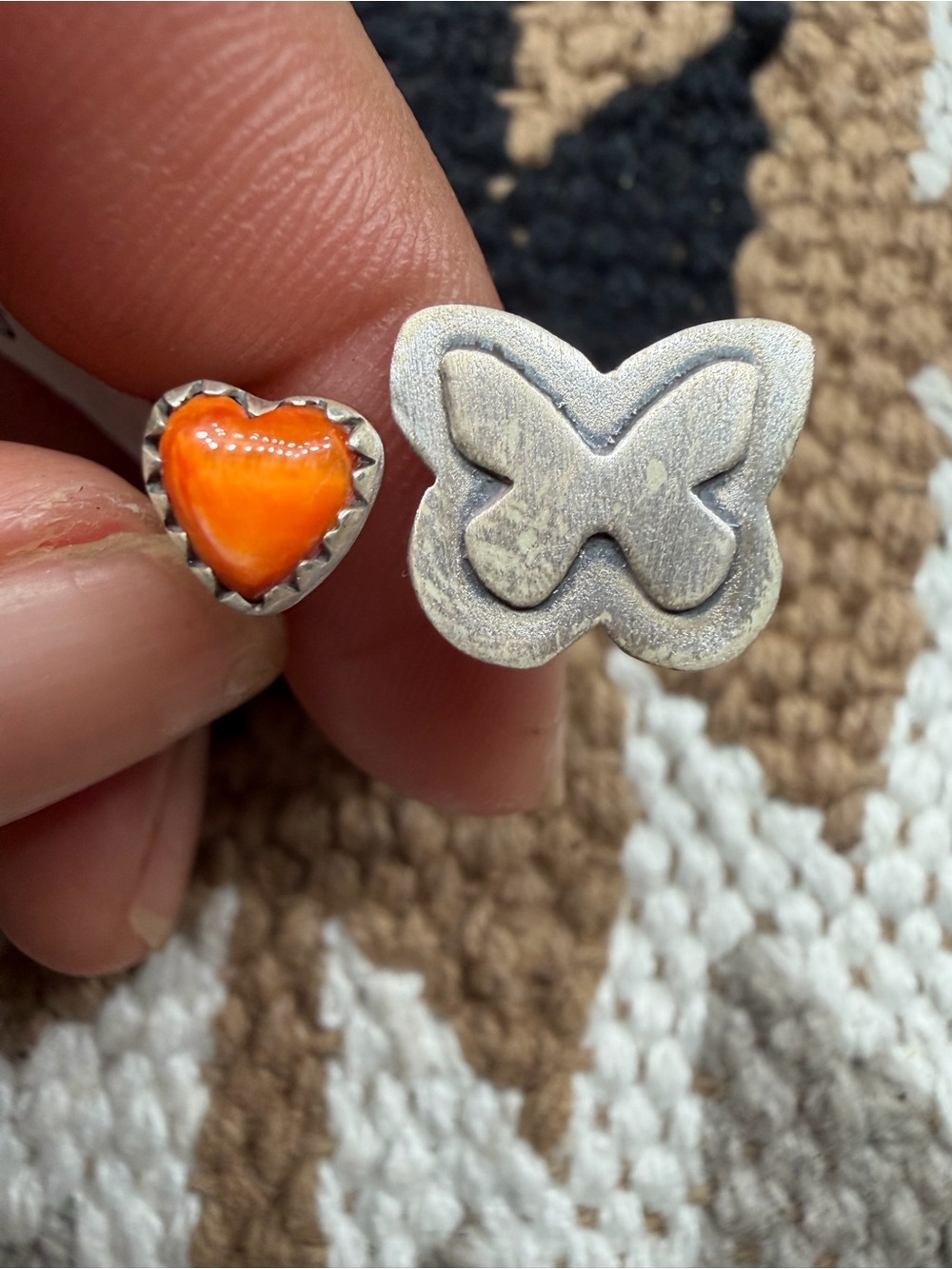 Orange spiny oyster turquoise butterfly ring adjustable sterling silver ring